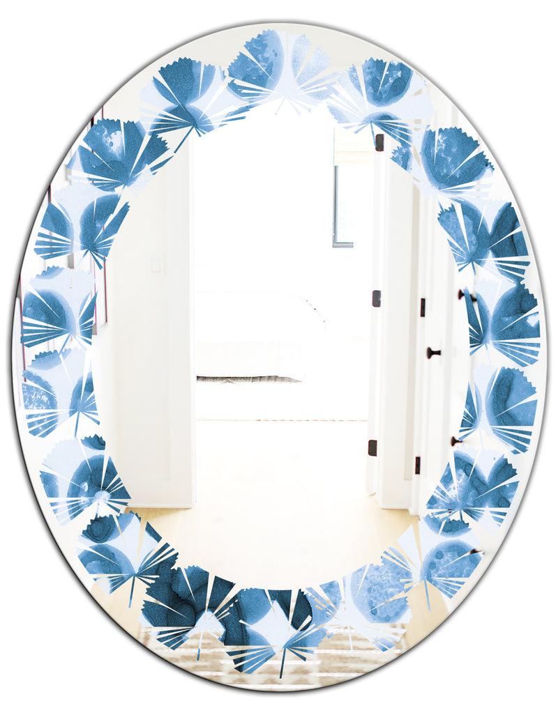 DesignQ Indigo Watercolor Geometrical VII - Modern Round Or Oval Wall Mirror - Leaves