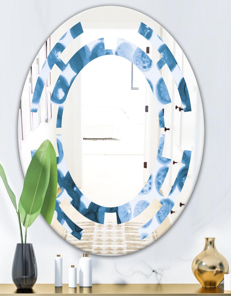 DesignQ Indigo Watercolor Geometrical VII - Modern Round Or Oval Wall Mirror - Space