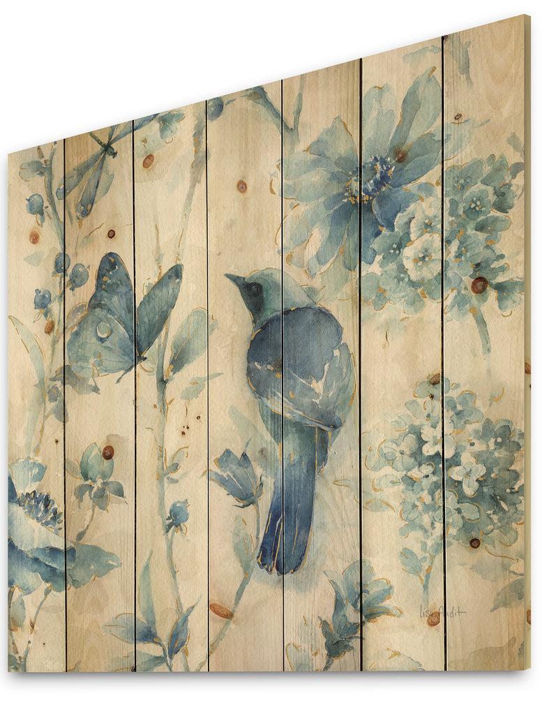 DesignQ Indigold Bird Cottage Family I - Farmhouse Print On Natural Pine Wood