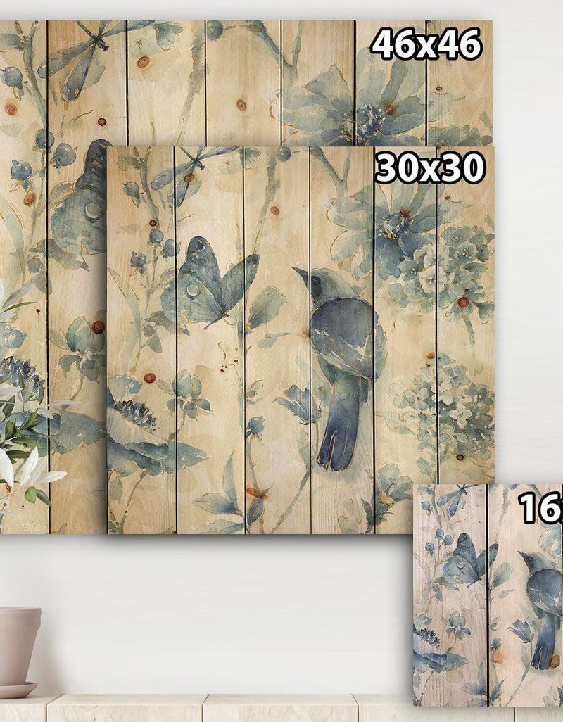 DesignQ Indigold Bird Cottage Family I - Farmhouse Print On Natural Pine Wood