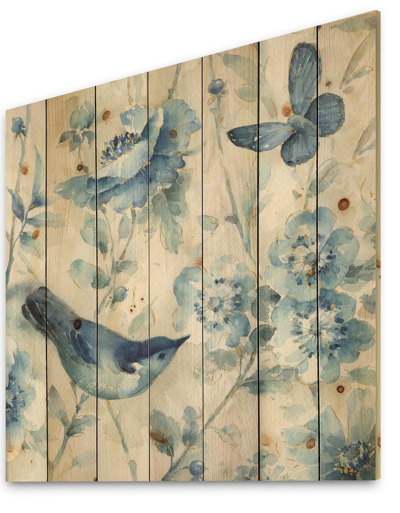 DesignQ Indigold Bird Cottage Family II - Farmhouse Print On Natural Pine Wood