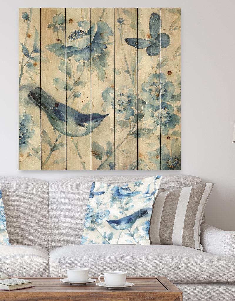 DesignQ Indigold Bird Cottage Family II - Farmhouse Print on Natural Pine Wood