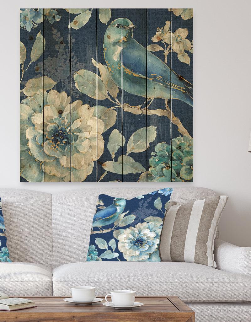 DesignQ Indigold Bird Cottage Family III - Farmhouse Print on Natural Pine Wood