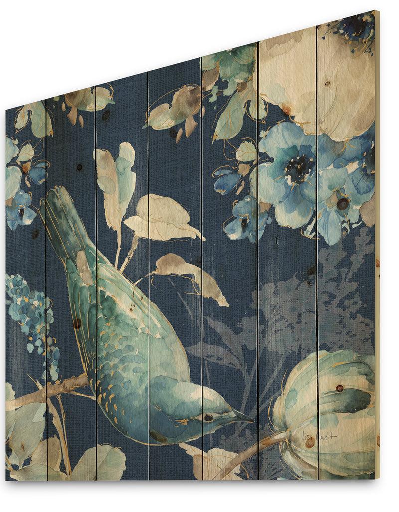 DesignQ Indigold Bird Cottage Family IV - Farmhouse Print On Natural Pine Wood