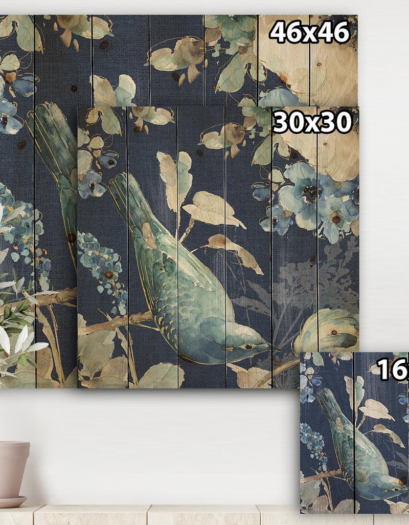 DesignQ Indigold Bird Cottage Family IV - Farmhouse Print On Natural Pine Wood