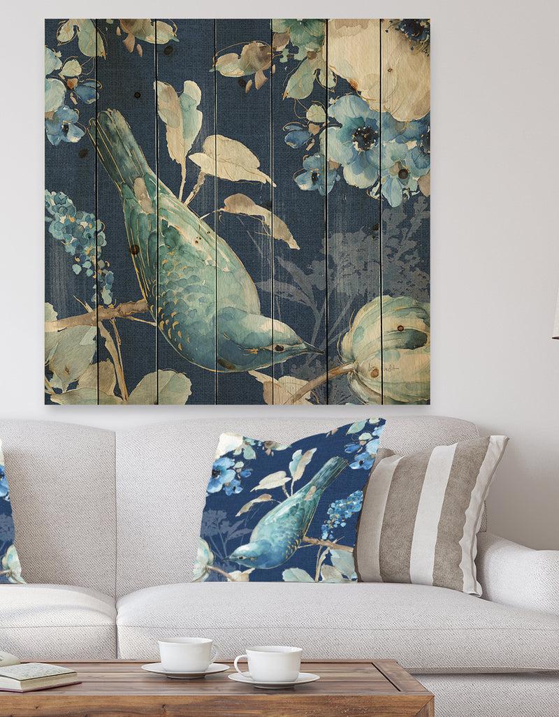 DesignQ Indigold Bird Cottage Family IV - Farmhouse Print on Natural Pine Wood