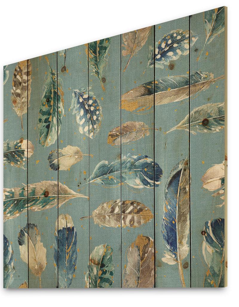 DesignQ Indigold Feathers Turquoise Pattern - Floral Print On Natural Pine Wood