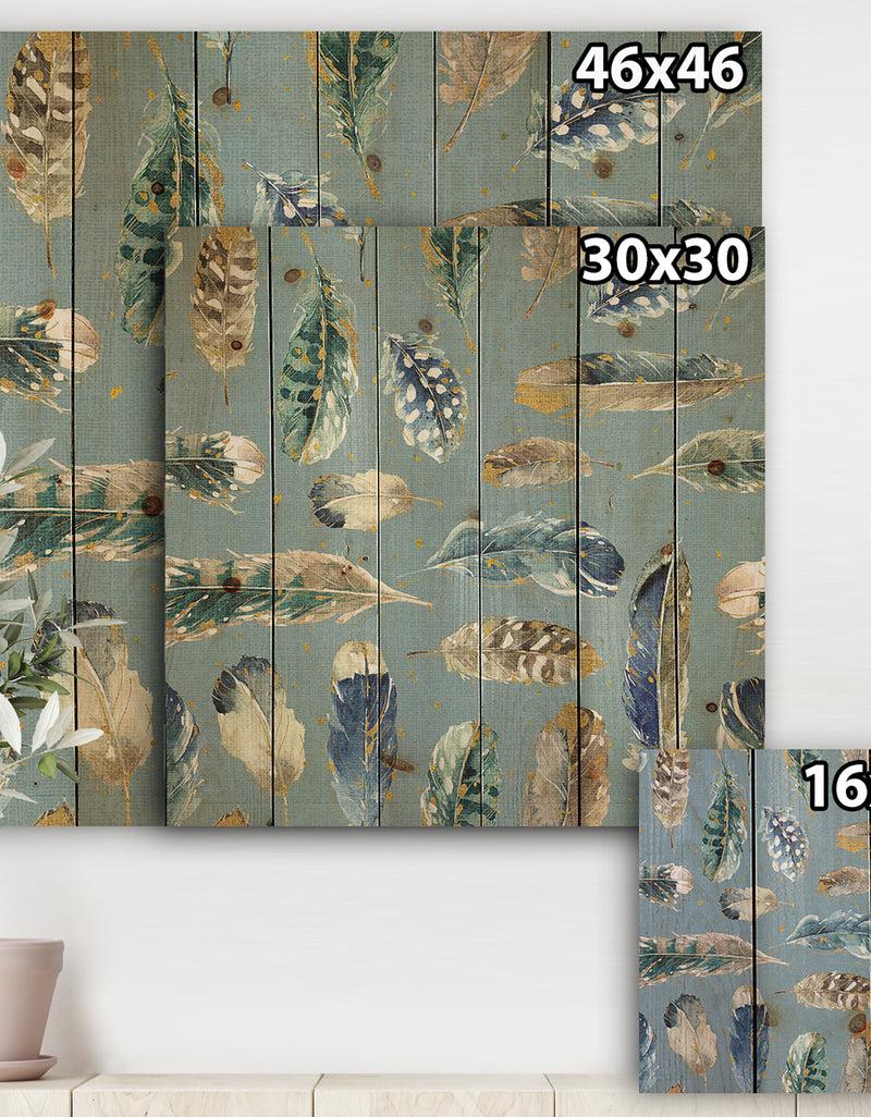 DesignQ Indigold Feathers Turquoise Pattern - Floral Print On Natural Pine Wood