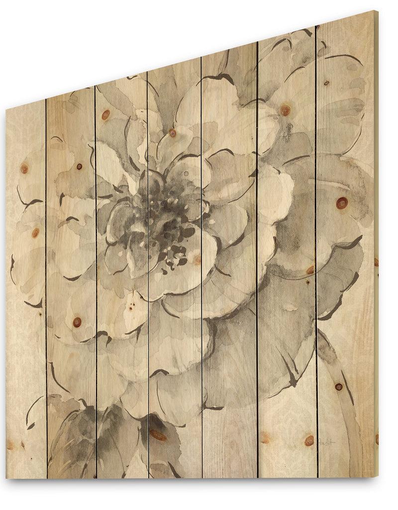 DesignQ Indigold Grey Peonies I - Farmhouse Print On Natural Pine Wood