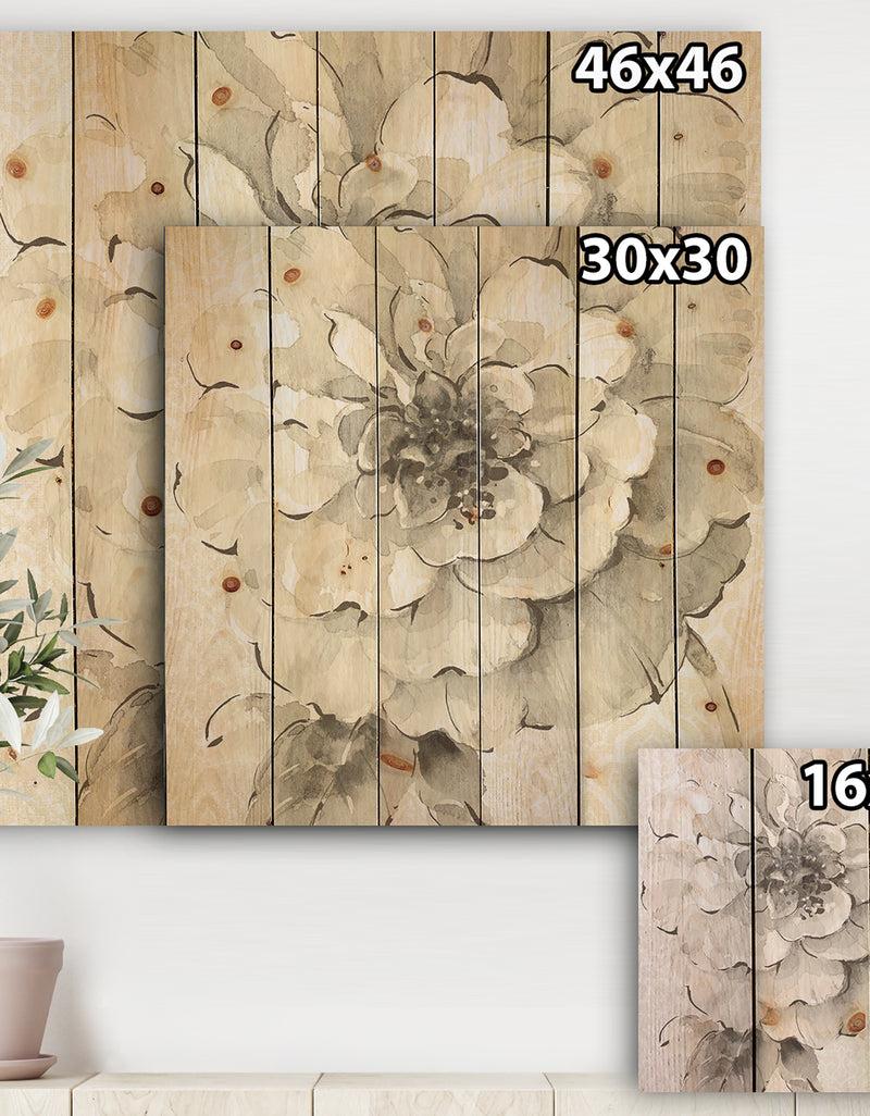 DesignQ Indigold Grey Peonies I - Farmhouse Print On Natural Pine Wood