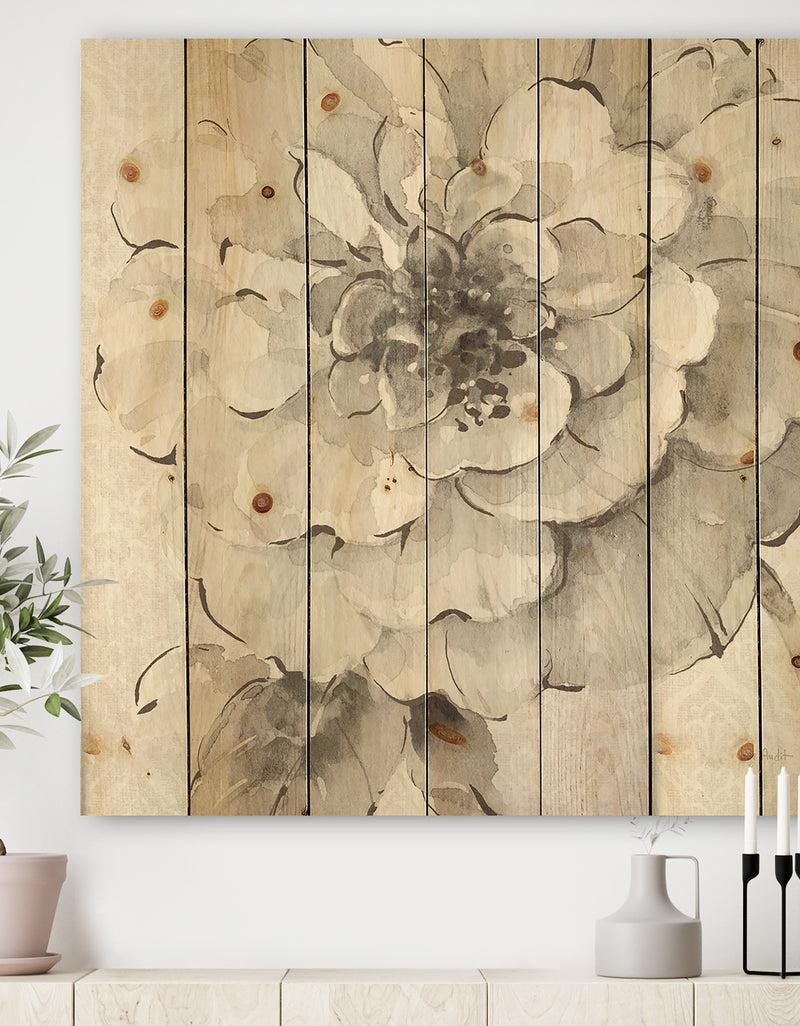 DesignQ Indigold Grey Peonies I - Farmhouse Print on Natural Pine Wood
