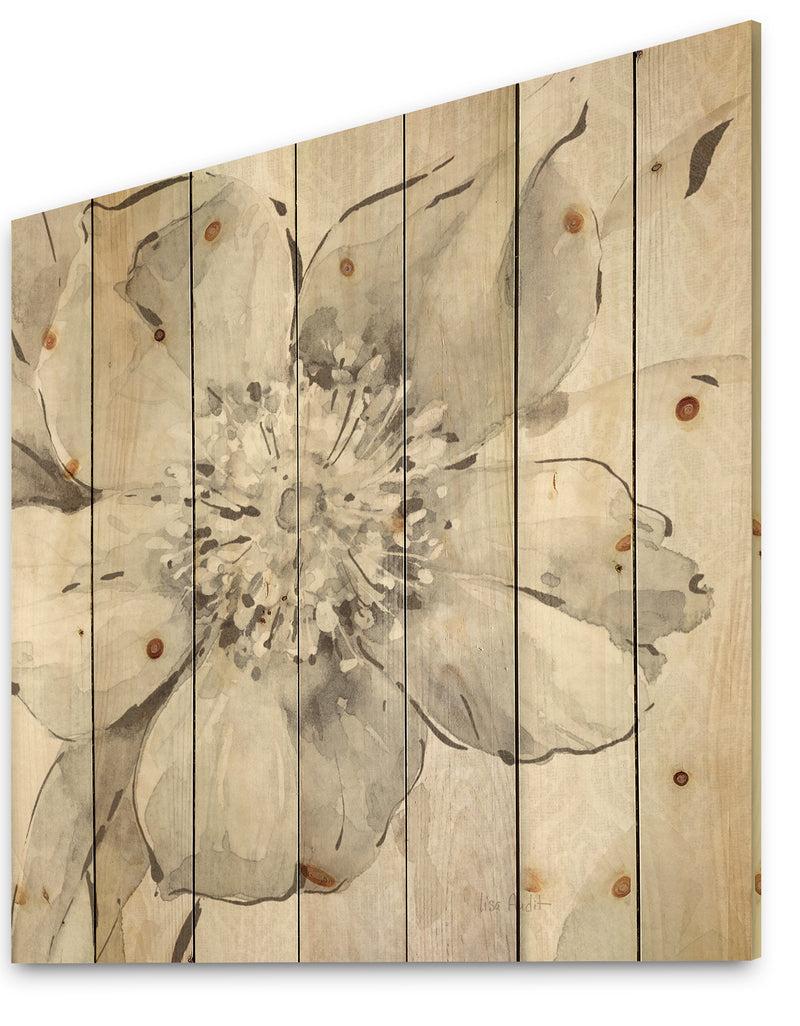 DesignQ Indigold Grey Peonies III - Farmhouse Print On Natural Pine Wood