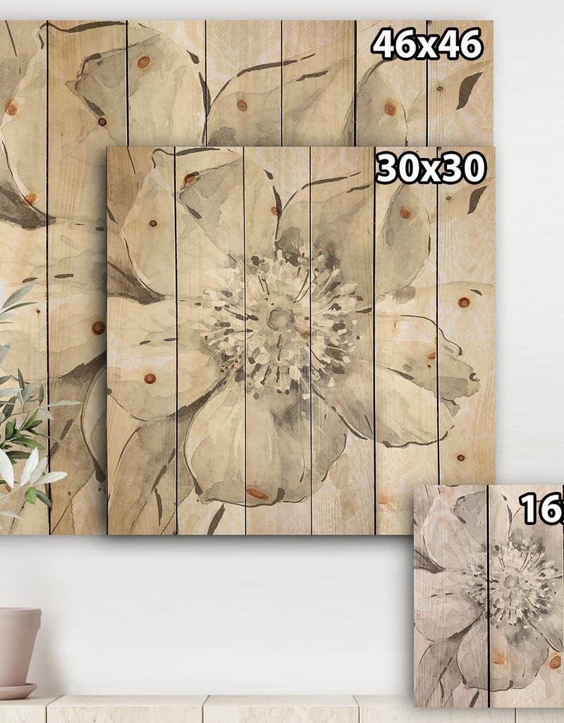 DesignQ Indigold Grey Peonies III - Farmhouse Print On Natural Pine Wood
