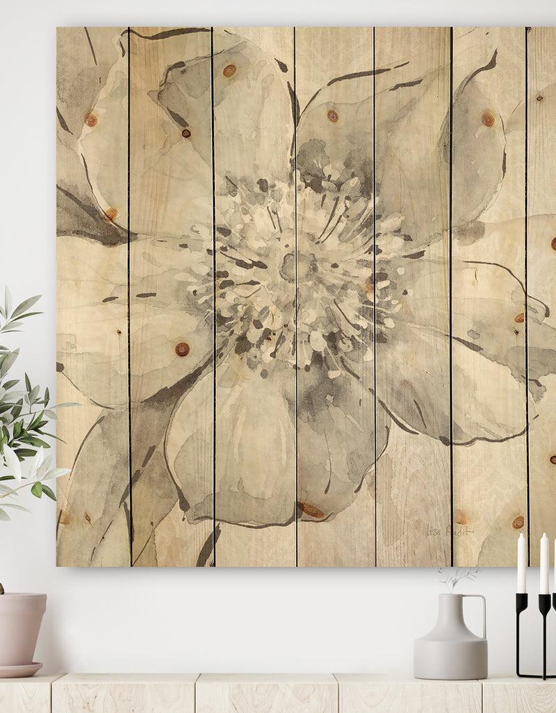 DesignQ Indigold Grey Peonies III - Farmhouse Print on Natural Pine Wood