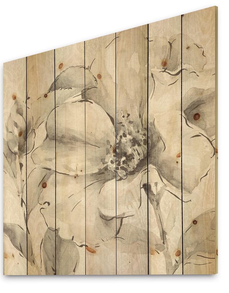 DesignQ Indigold Grey Peonies IV - Farmhouse Print On Natural Pine Wood