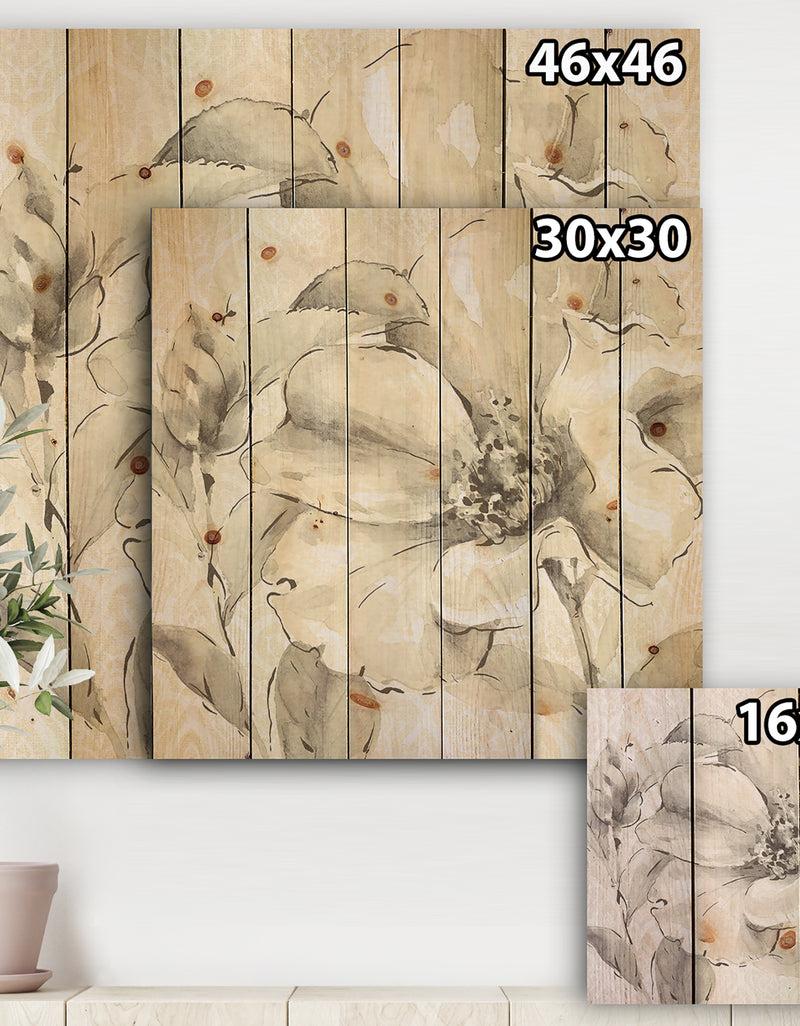 DesignQ Indigold Grey Peonies IV - Farmhouse Print On Natural Pine Wood
