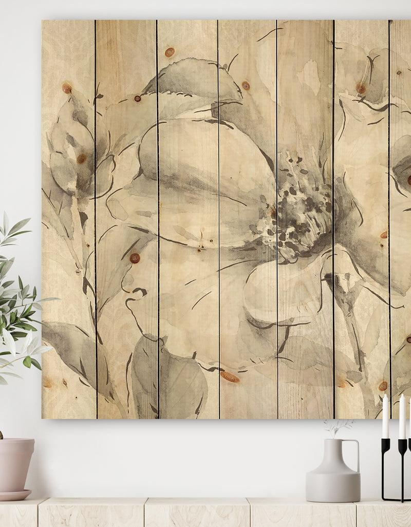 DesignQ Indigold Grey Peonies IV - Farmhouse Print on Natural Pine Wood