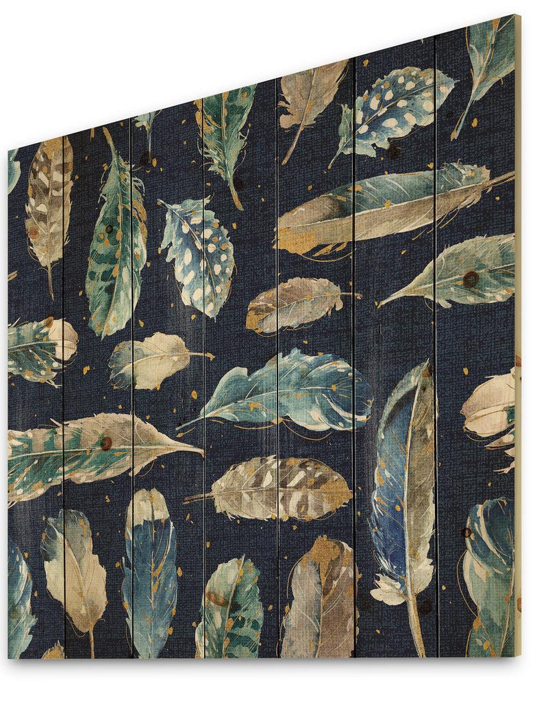DesignQ Indigold Metallic Feathers Pattern - Floral Print On Natural Pine Wood