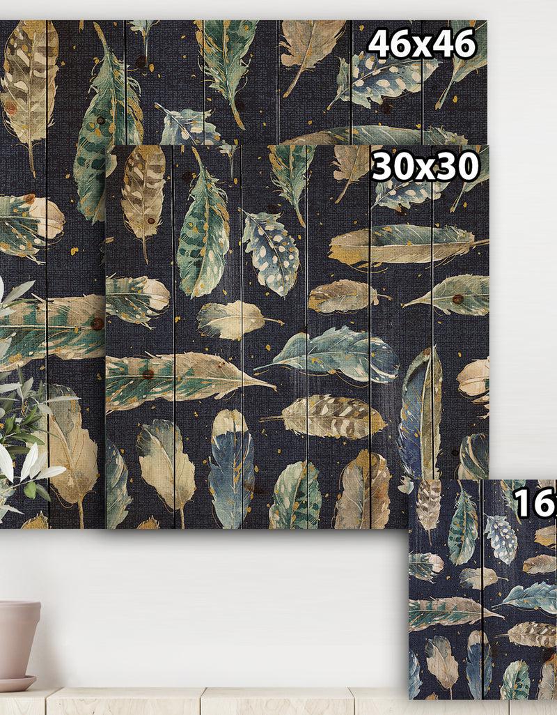 DesignQ Indigold Metallic Feathers Pattern - Floral Print On Natural Pine Wood