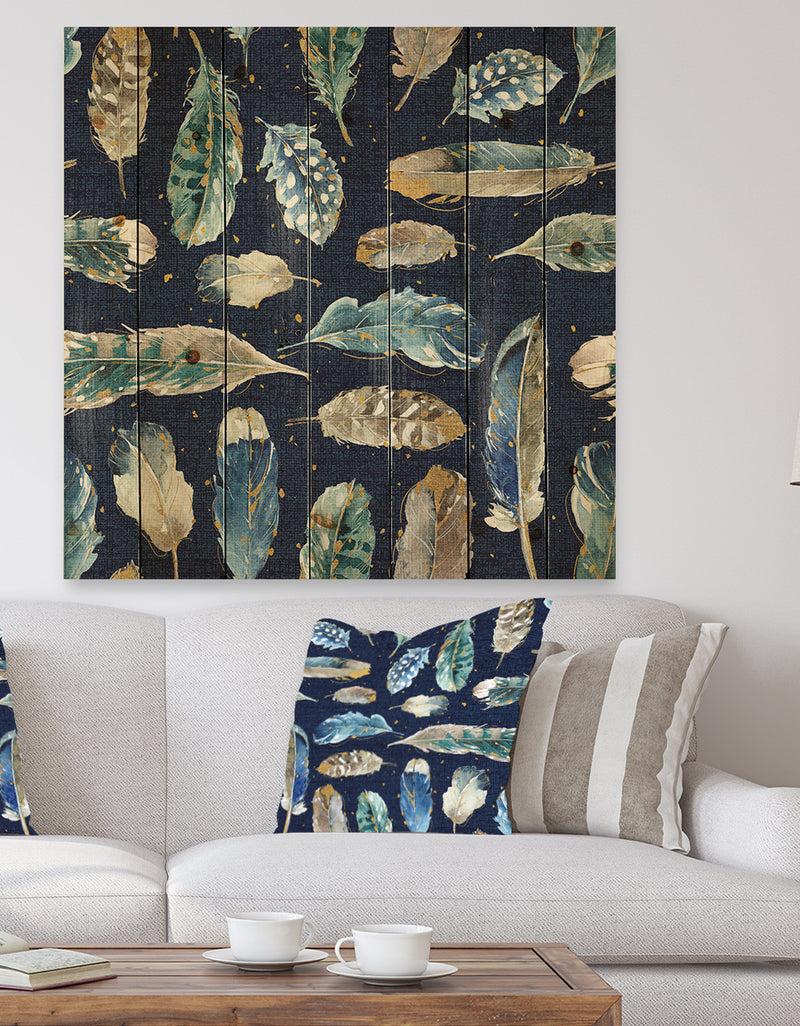 DesignQ Indigold metallic feathers Pattern - Floral Print on Natural Pine Wood