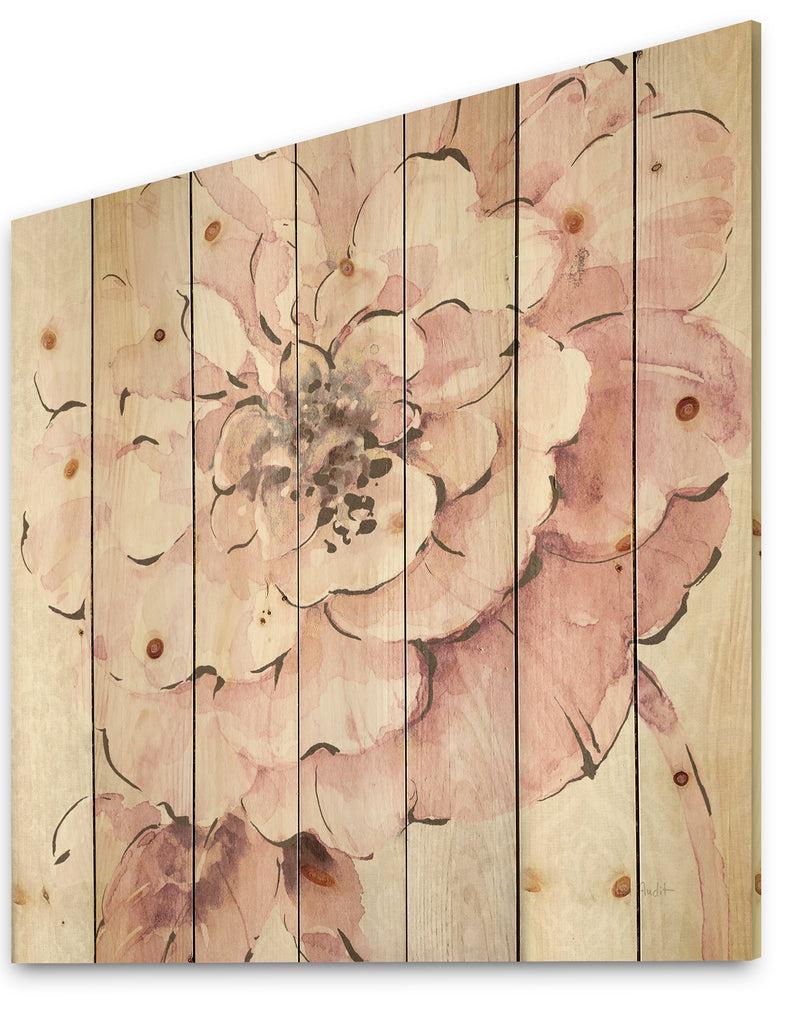 DesignQ Indigold Shabby Peonies Pink - Farmhouse Print On Natural Pine Wood