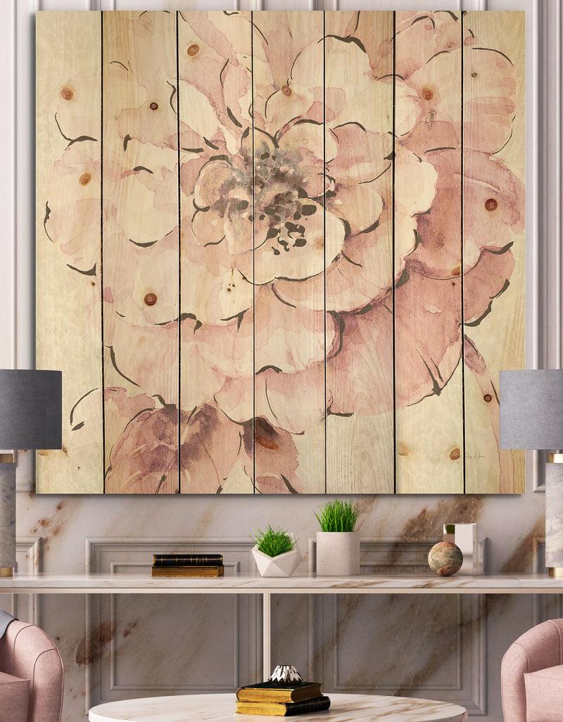 DesignQ Indigold Shabby Peonies Pink - Farmhouse Print on Natural Pine Wood