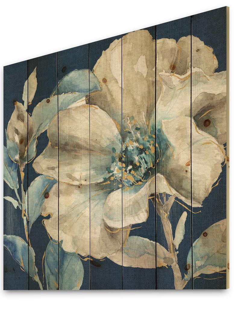 DesignQ Indigold Watercolor Flower I - Farmhouse Print On Natural Pine Wood