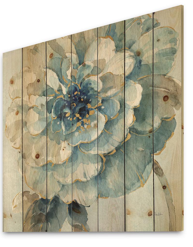 DesignQ Indigold Watercolor Flower II - Farmhouse Print On Natural Pine Wood