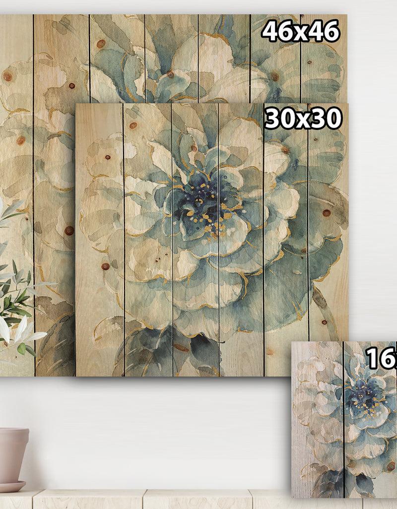 DesignQ Indigold Watercolor Flower II - Farmhouse Print On Natural Pine Wood