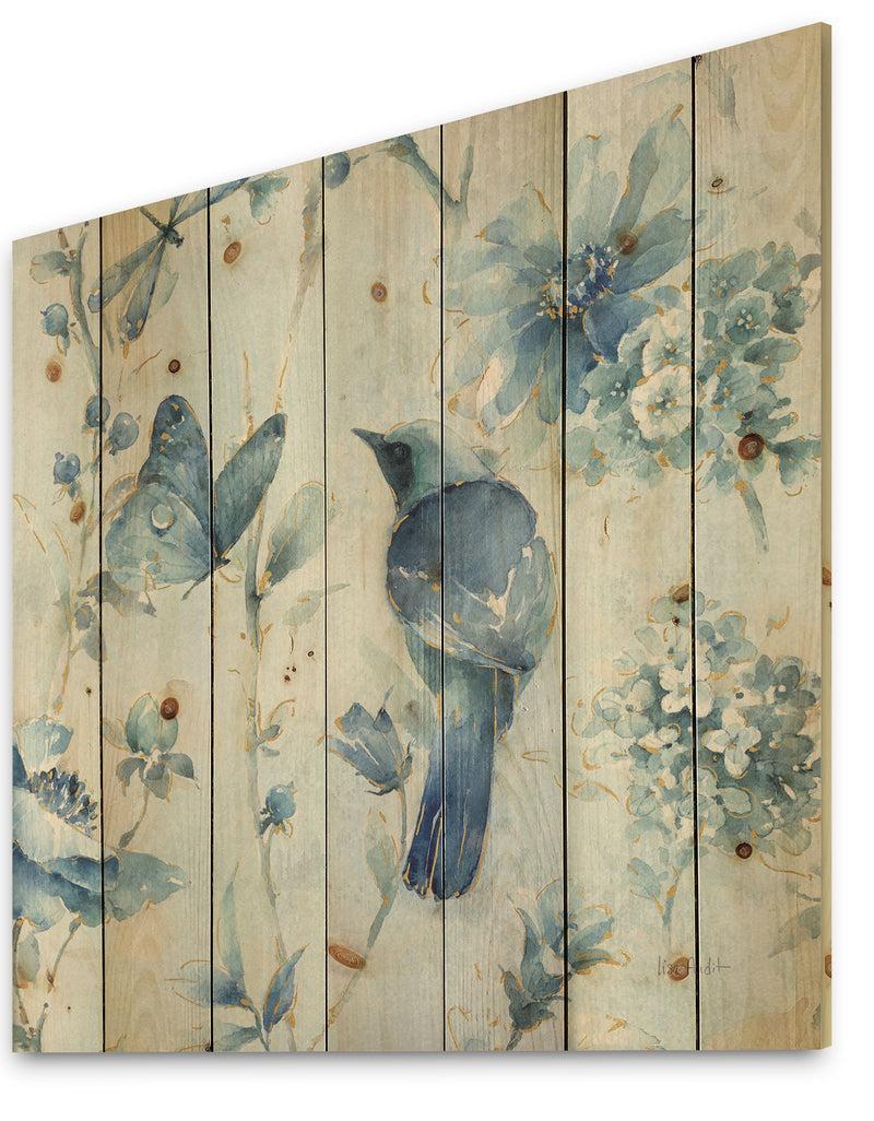 DesignQ Indigold Watercolor Flower III - Farmhouse Print On Natural Pine Wood