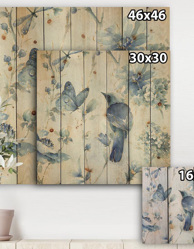 DesignQ Indigold Watercolor Flower III - Farmhouse Print On Natural Pine Wood
