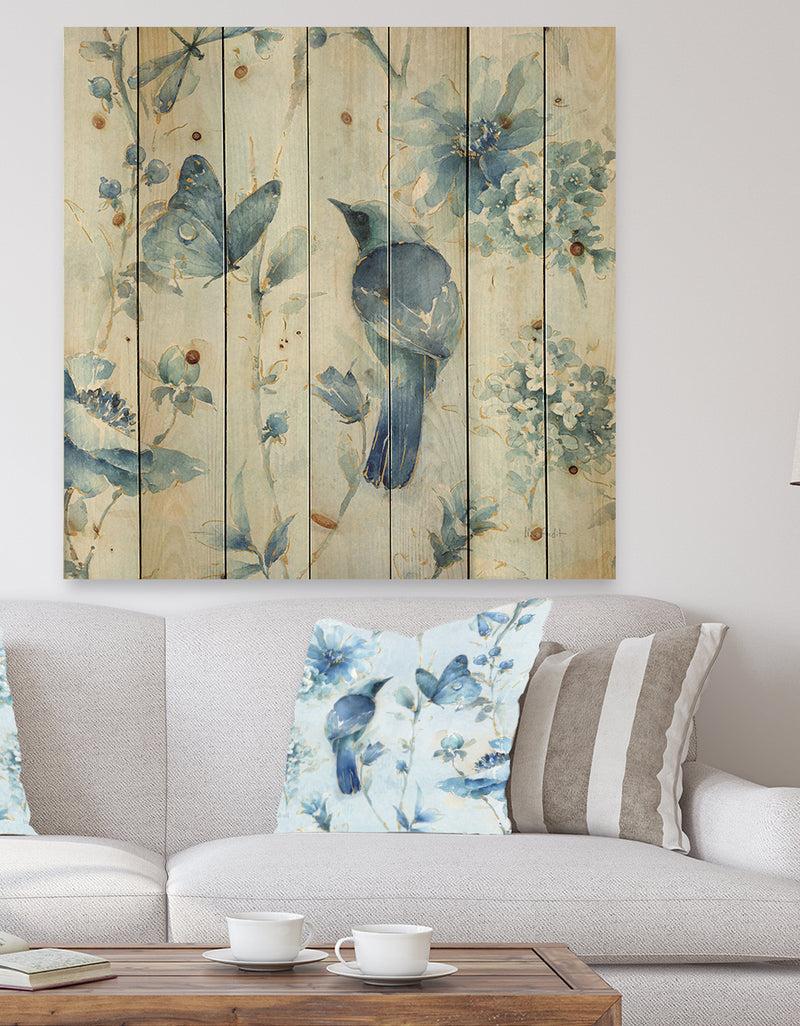DesignQ Indigold Watercolor Flower III - Farmhouse Print on Natural Pine Wood