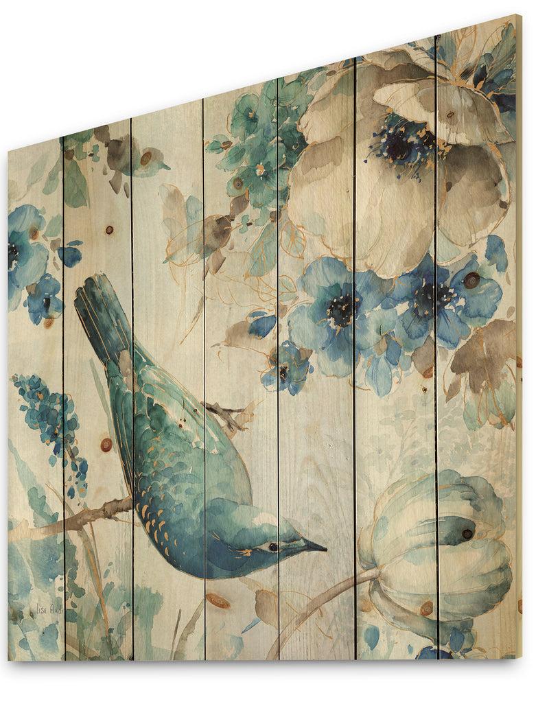 DesignQ Indigold Watercolor Lovely Bird I - Farmhouse Print On Natural Pine Wood