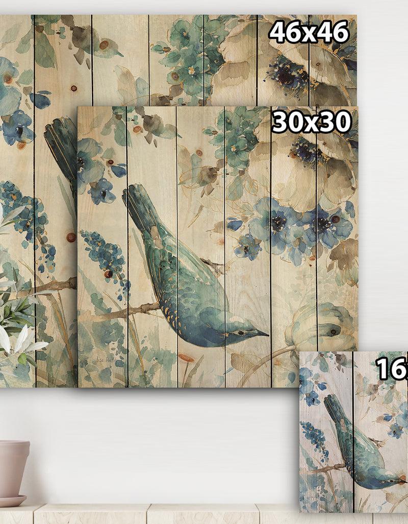 DesignQ Indigold Watercolor Lovely Bird I - Farmhouse Print On Natural Pine Wood
