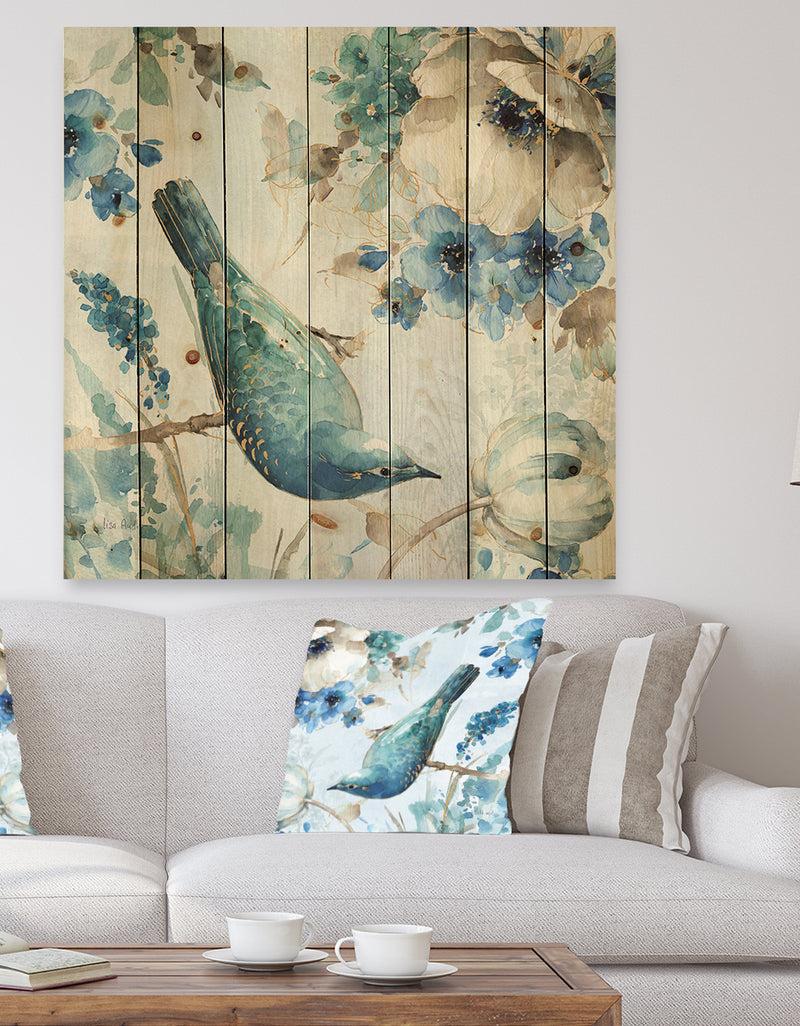 DesignQ Indigold Watercolor Lovely bird I - Farmhouse Print on Natural Pine Wood