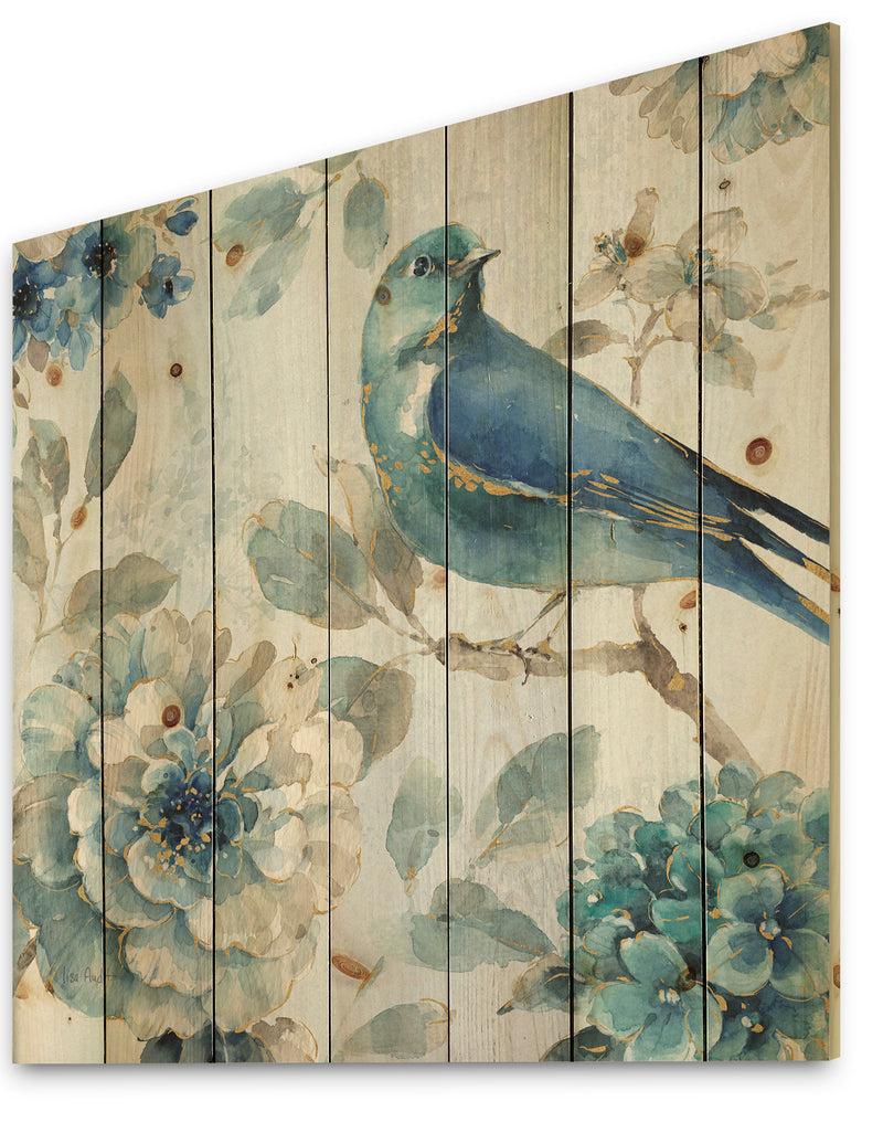 DesignQ Indigold Watercolor Lovely Bird II - Farmhouse Print On Natural Pine Wood