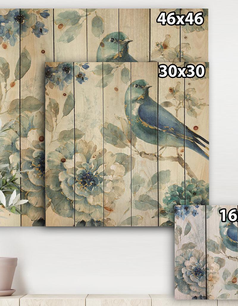 DesignQ Indigold Watercolor Lovely Bird II - Farmhouse Print On Natural Pine Wood