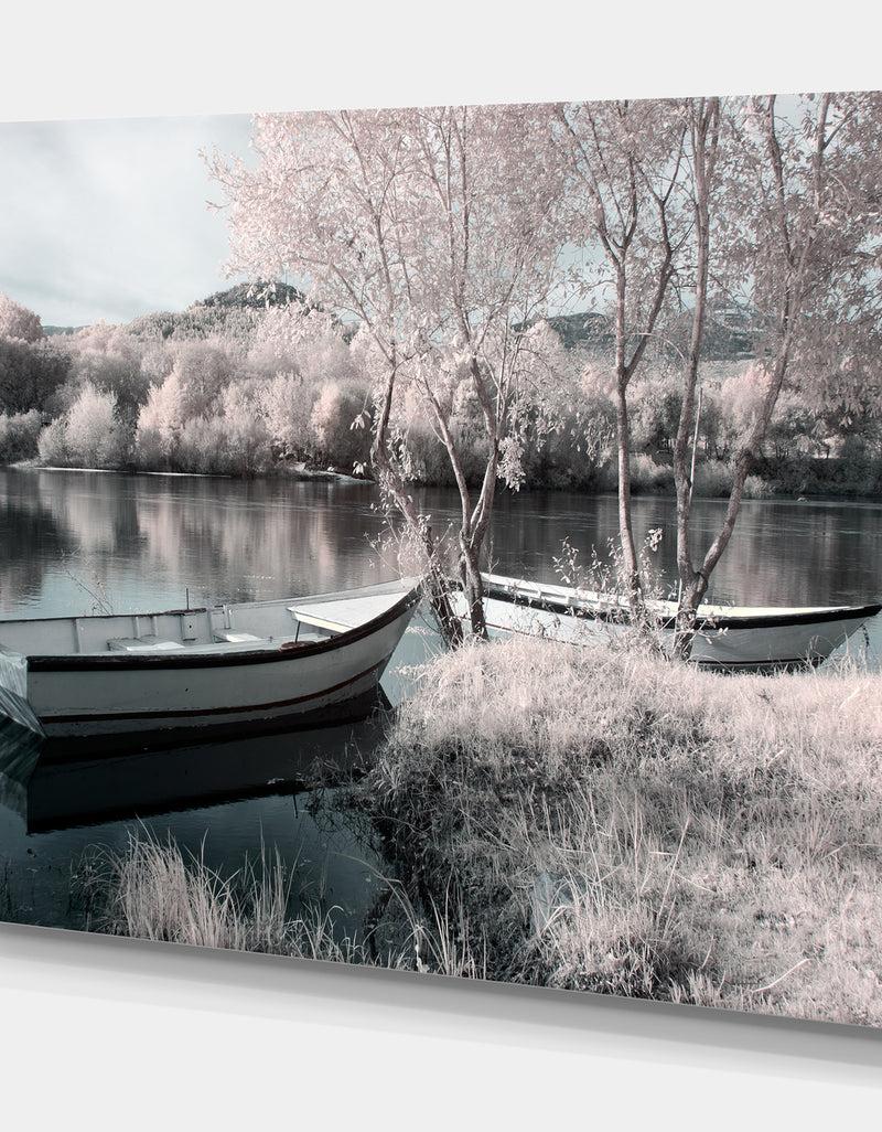 DesignQ Infrared River Landscape Seeing Boats Trees And Plants - Landscapes Photography On Wrapped Canvas