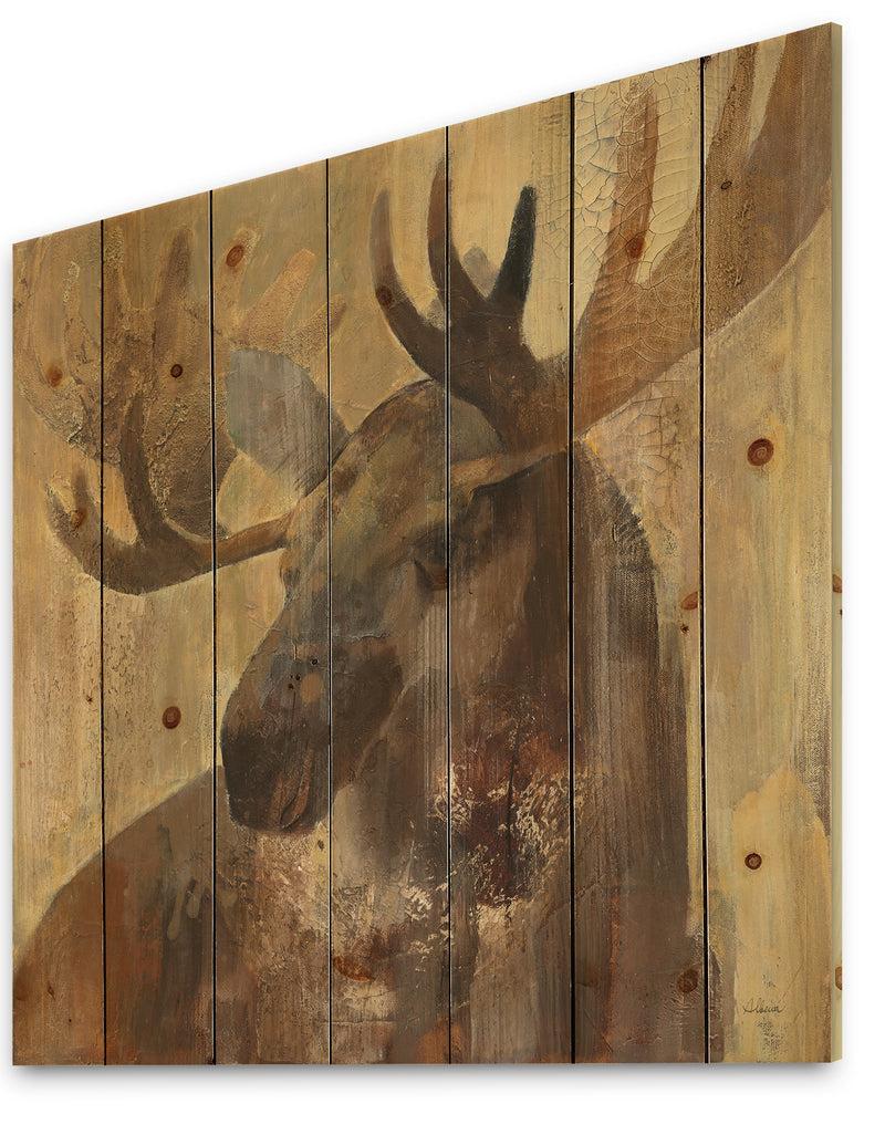 DesignQ Into The Wild Gold Moose - Farmhouse Print On Natural Pine Wood