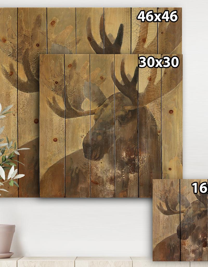 DesignQ Into The Wild Gold Moose - Farmhouse Print On Natural Pine Wood