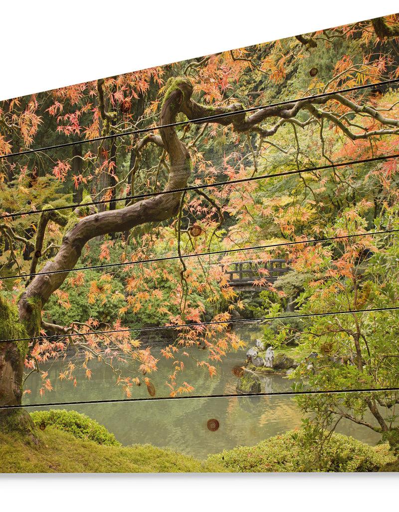 DesignQ Japanese Garden Fall Season - Landscape Print On Natural Pine Wood