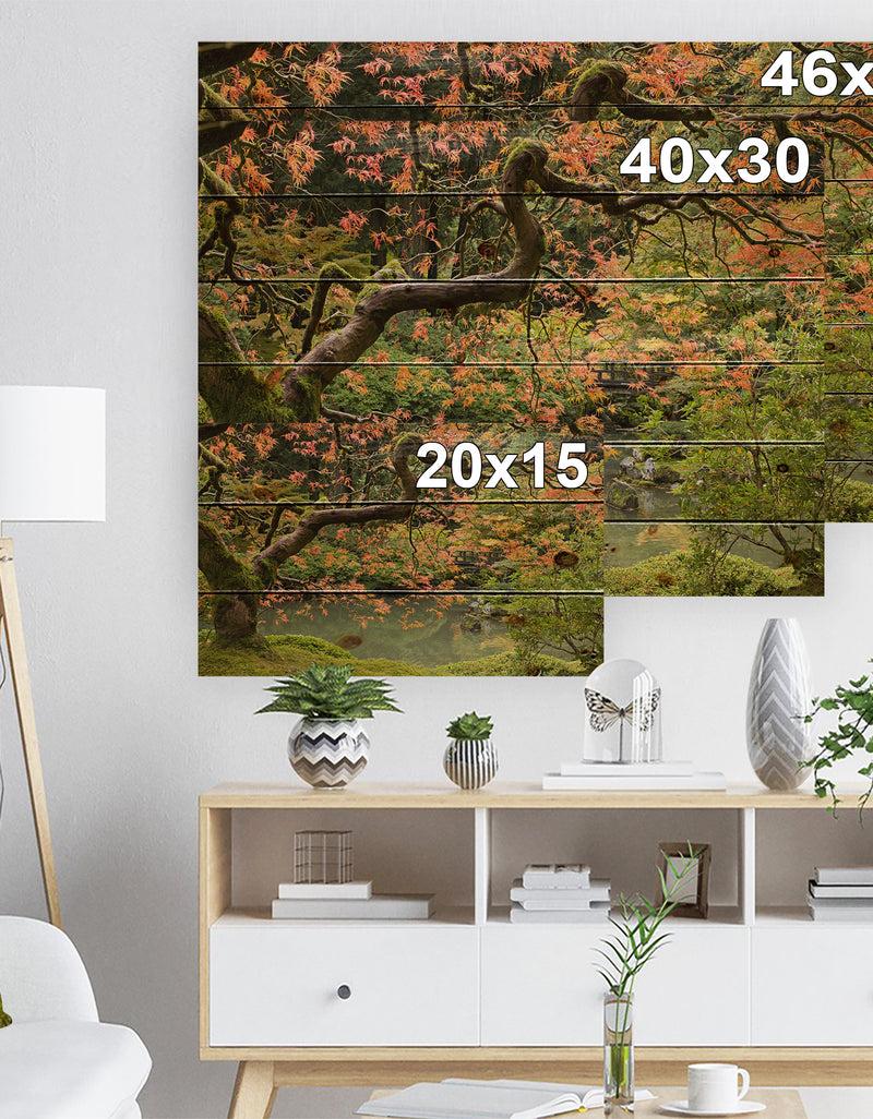DesignQ Japanese Garden Fall Season - Landscape Print On Natural Pine Wood