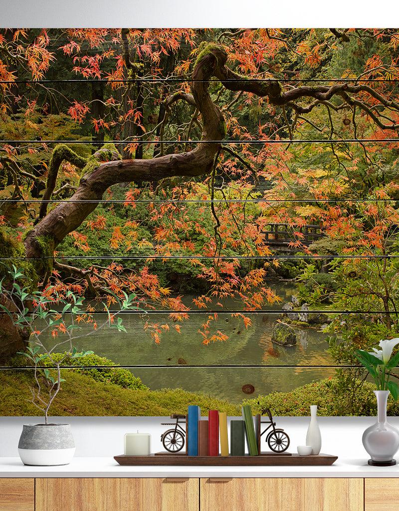 DesignQ Japanese Garden Fall Season - Landscape Print on Natural Pine Wood