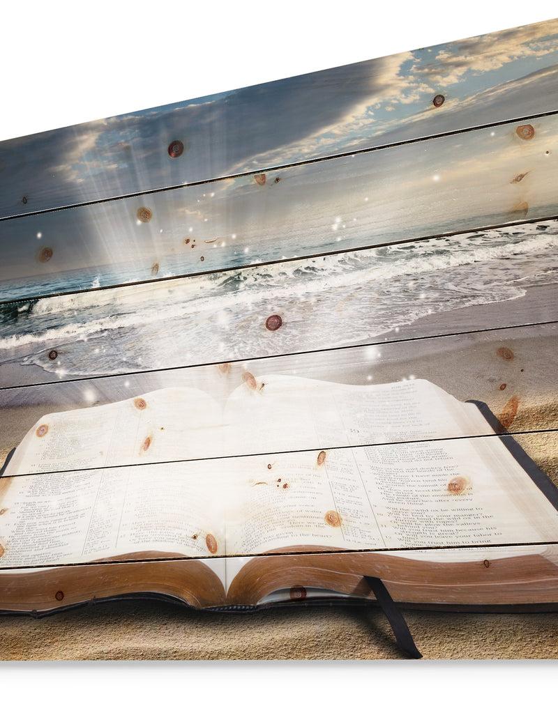 DesignQ Jesus Bible At Beach - Religious Art Print On Natural Pine Wood