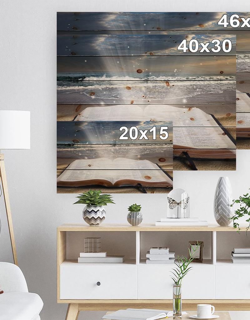 DesignQ Jesus Bible At Beach - Religious Art Print On Natural Pine Wood