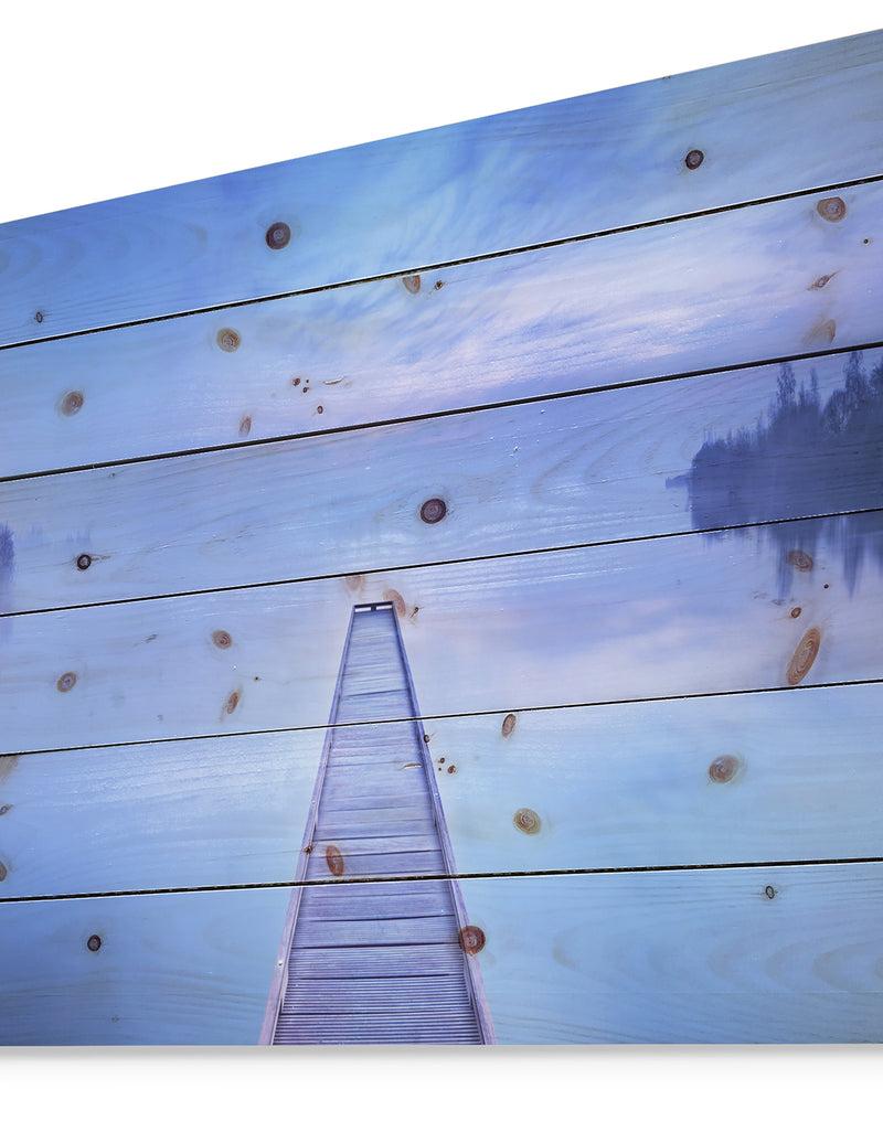 DesignQ Jetty At Blue Dawn Panorama - Bridge Print On Natural Pine Wood