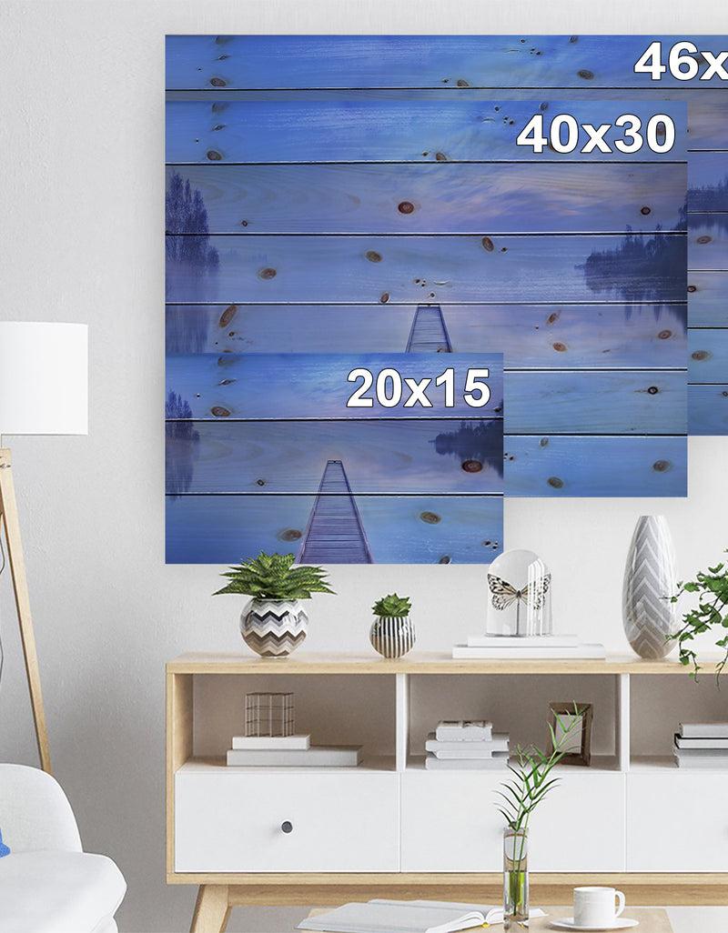 DesignQ Jetty At Blue Dawn Panorama - Bridge Print On Natural Pine Wood