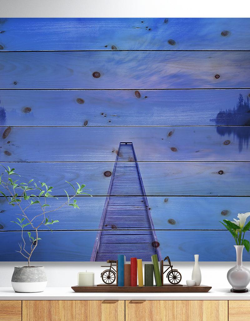 DesignQ Jetty at Blue Dawn Panorama - Bridge Print on Natural Pine Wood