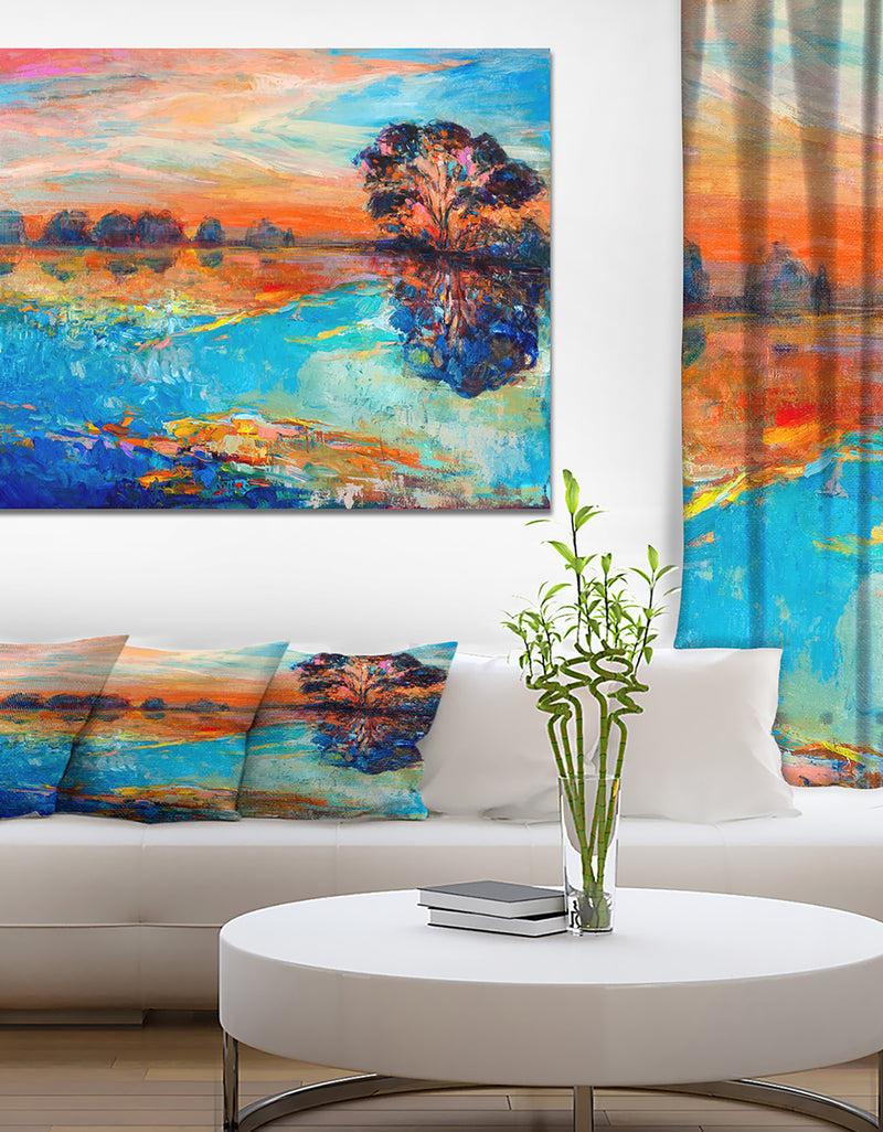 DesignQ Lake and tree - Landscapes Painting Print on Wrapped Canvas