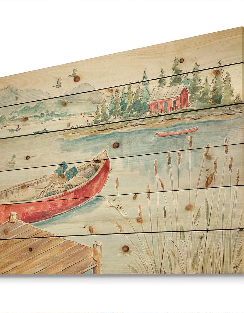 DesignQ Lake House Canoes I - Lake House Print On Natural Pine Wood